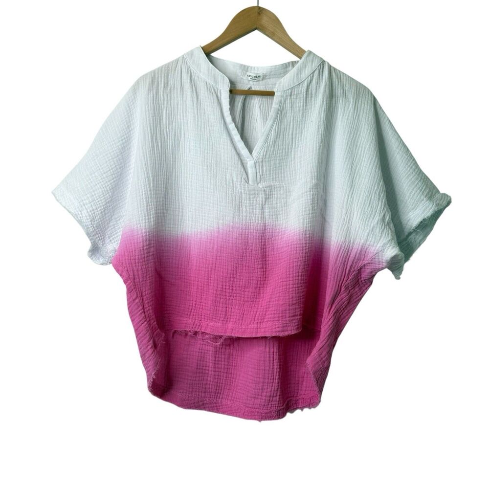 ANNIEWEAR Los Angeles Gauzy Top S Pink Ombre Dolman Sleeve Popover BeachyCoastal